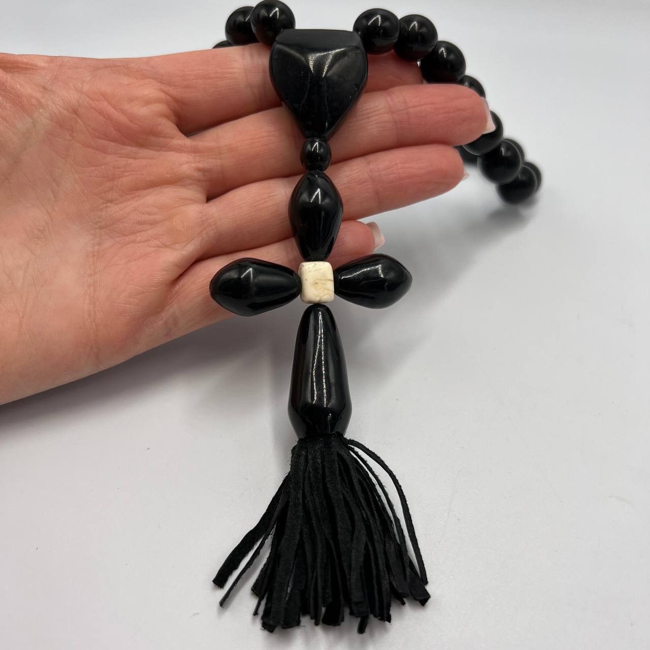 Vintage 1980 Vintage Handmade Ebonite Rosary Carved Pendant Cross Size ONE SIZE - 1 Thumbnail