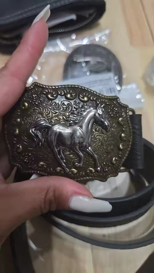 Designer Neutral horse head buckle peony pattern PU belt Size ONE SIZE - 5 Thumbnail