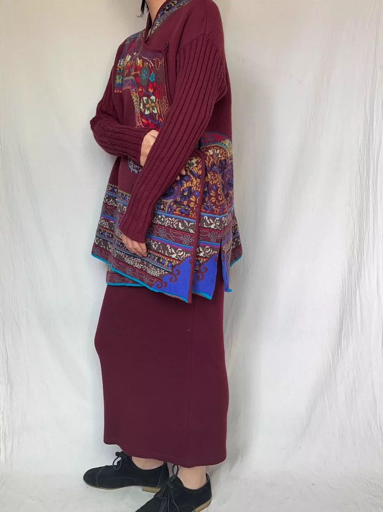 KENZO sizeF Red wine collar Chinese slanted knit sweater