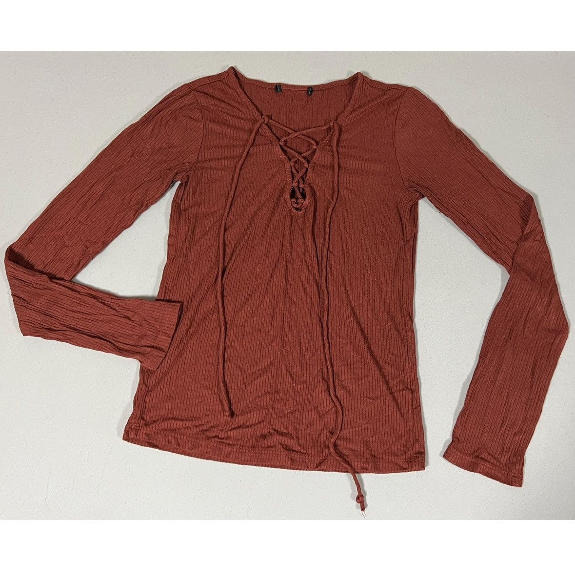 Japanese Brand Orange Lace-Up V-Neck Long Sleeve Tee T-Shirt Top Size M 🤎 Size M / US 6-8 / IT 42-44 - 1 Thumbnail