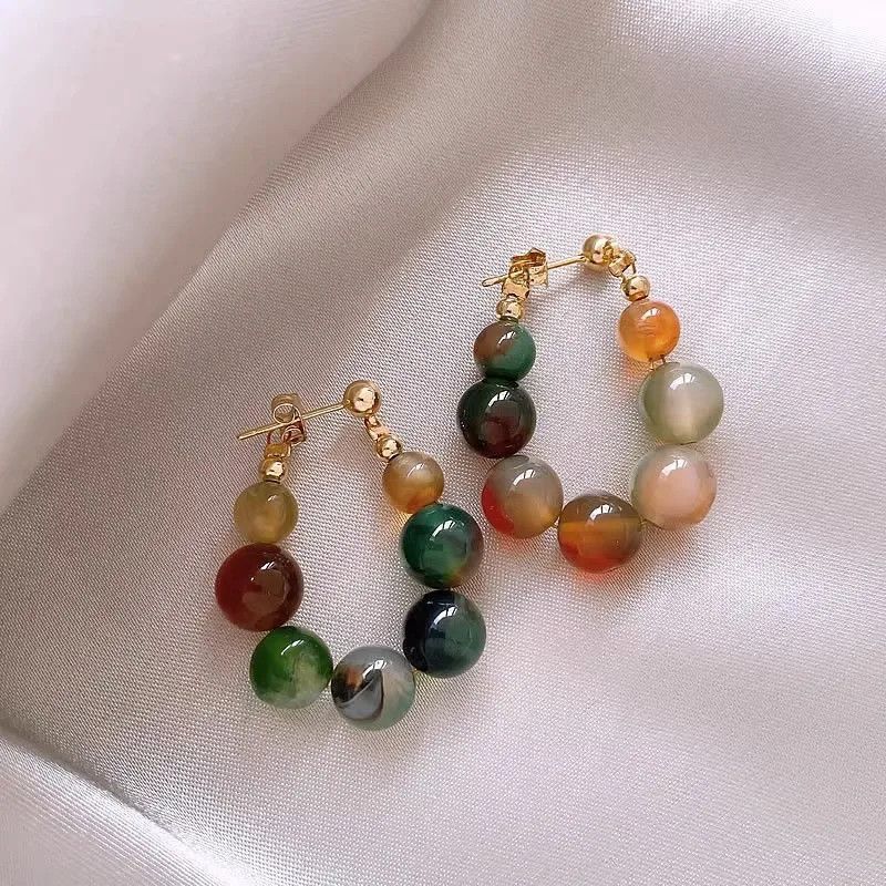 Other Retro Irregular Snoop Texture Stone Beaded Hoop Earrings Size ONE SIZE - 1 Thumbnail