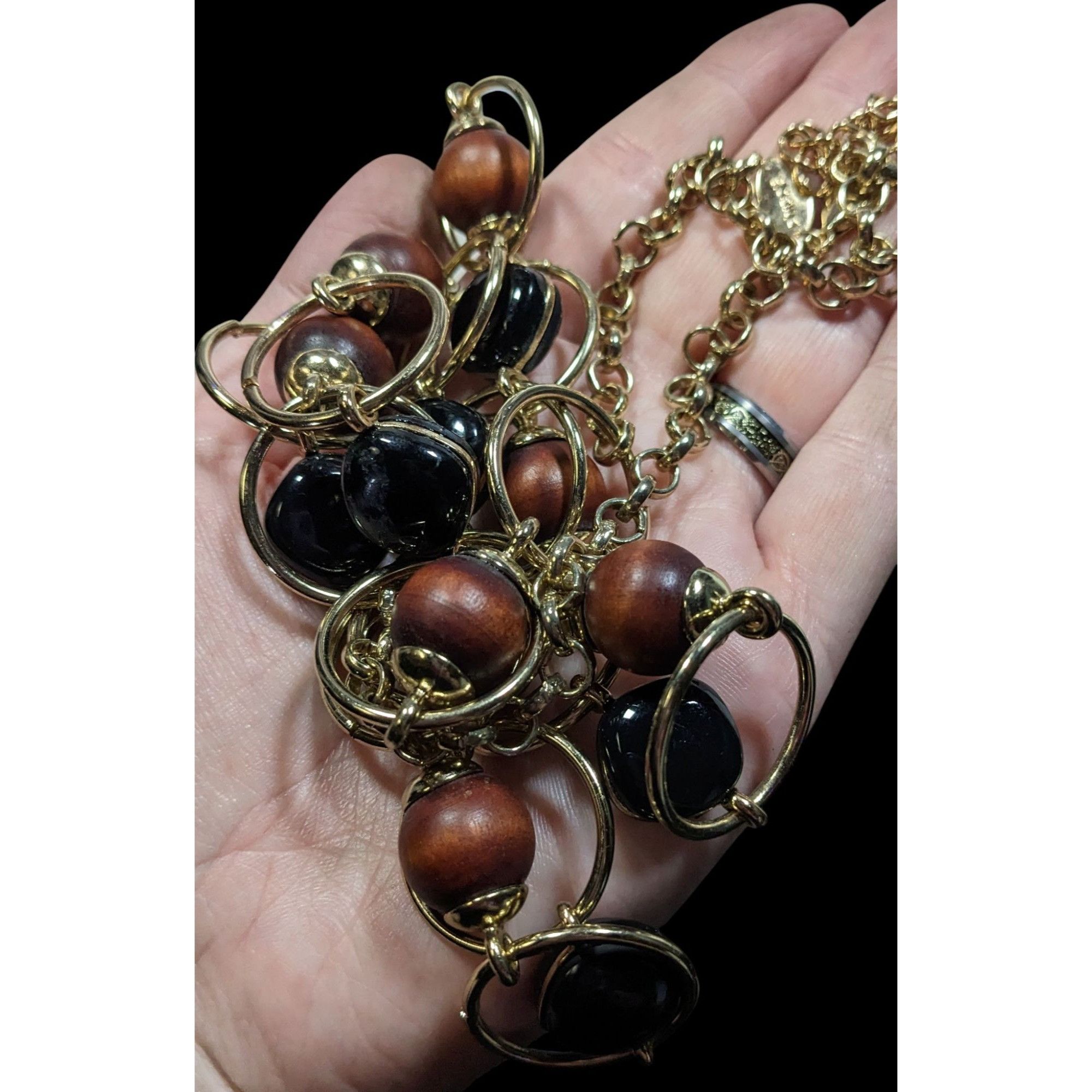 Chicos Chico's Brown And Black Beaded Gold Tone Ring Link Necklace Size ONE SIZE - 3 Thumbnail