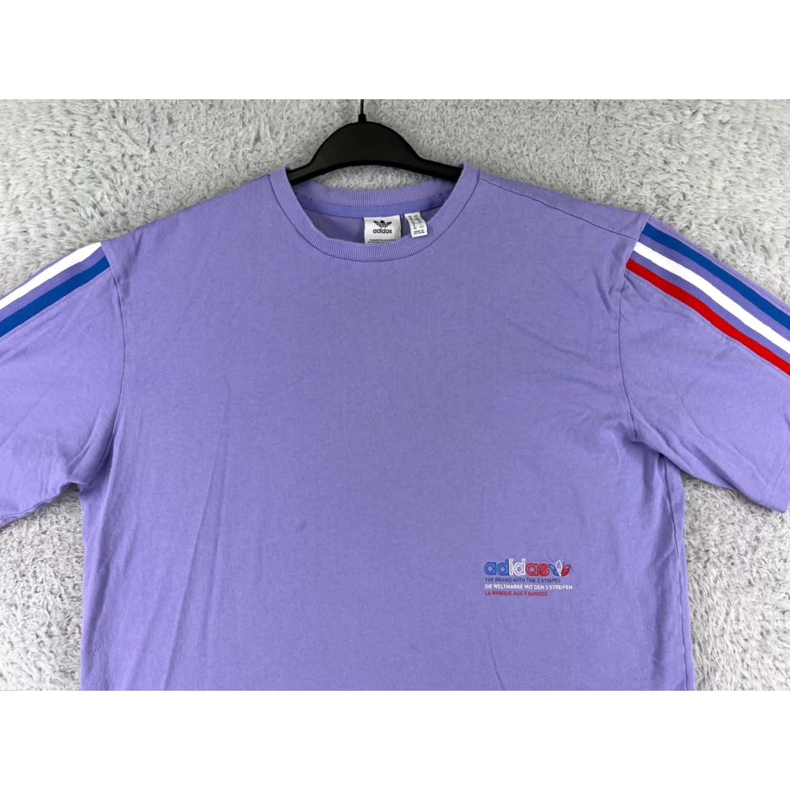 Adidas VINTAGE? No. Adidas Shirt Womens Small Purple Oversize Spellout Trefoil 100% Cotton 3 Stripe Size S / US 4 / IT 40 - 6 Thumbnail