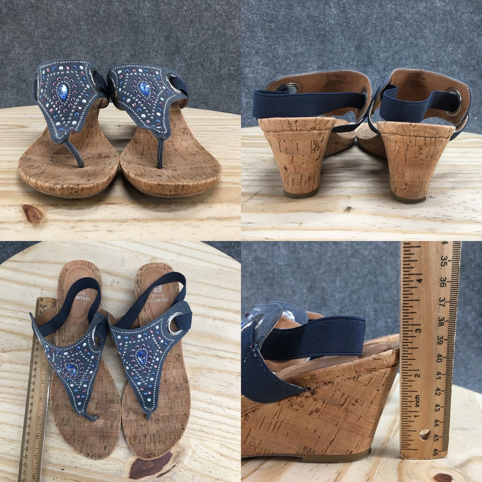 Vintage White Mountain Sandals Adeline Thong Womens 10M Blue Fabric Studded Wedge W24611 Size US 8 / IT 38 - 8 Thumbnail
