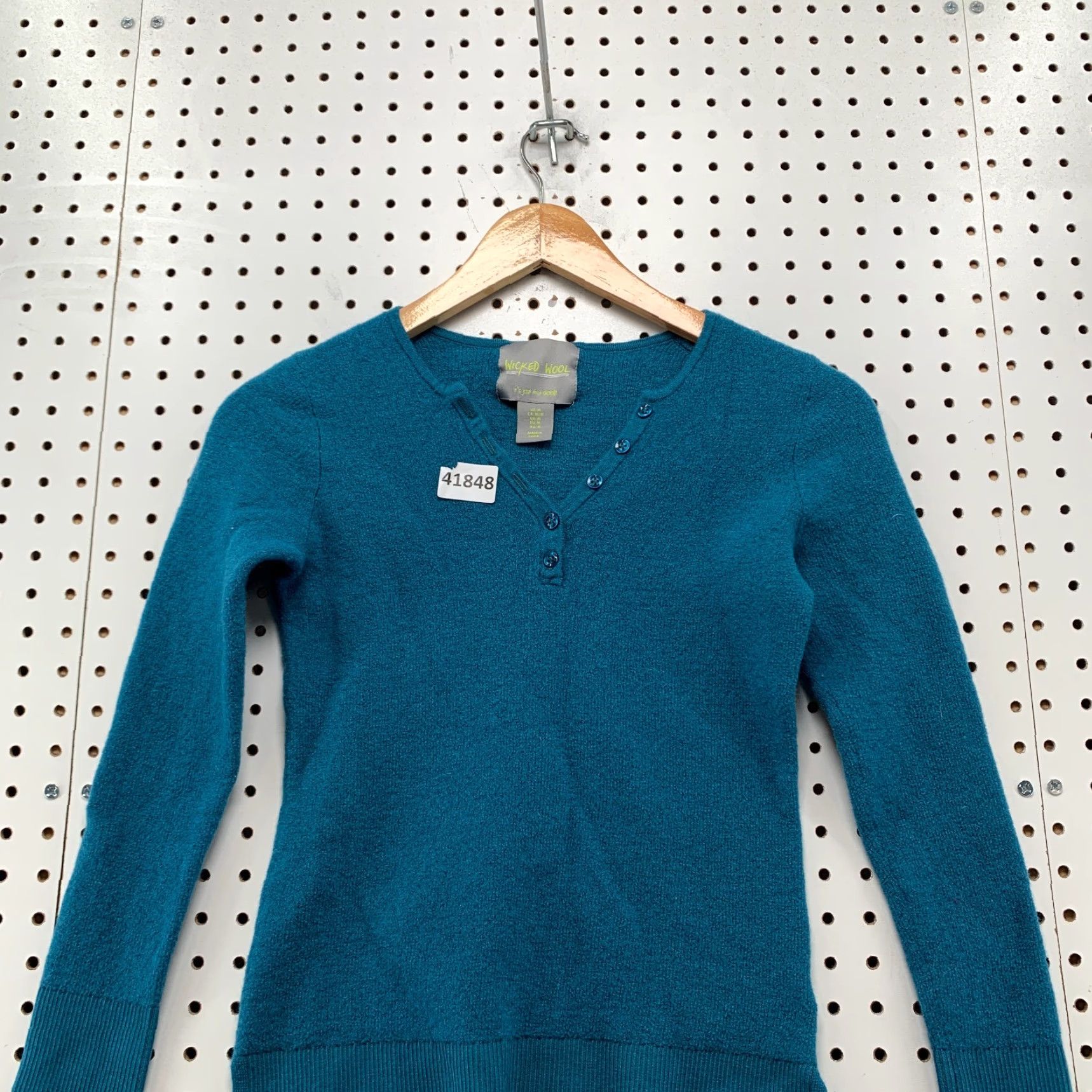 Vintage Wicked Wool Henley Top Shirt Womens Medium Teal Long Sleeve Wool Knit Size M / US 6-8 / IT 42-44 - 4 Thumbnail