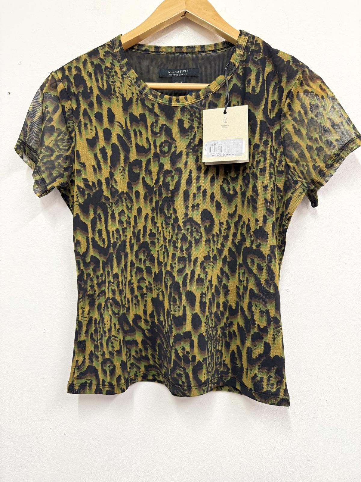 Allsaints AllSaints Ellie Mesh Tee in Khaki Green Leopard Print UK 12 Size M / US 6-8 / IT 42-44 - 1 Thumbnail
