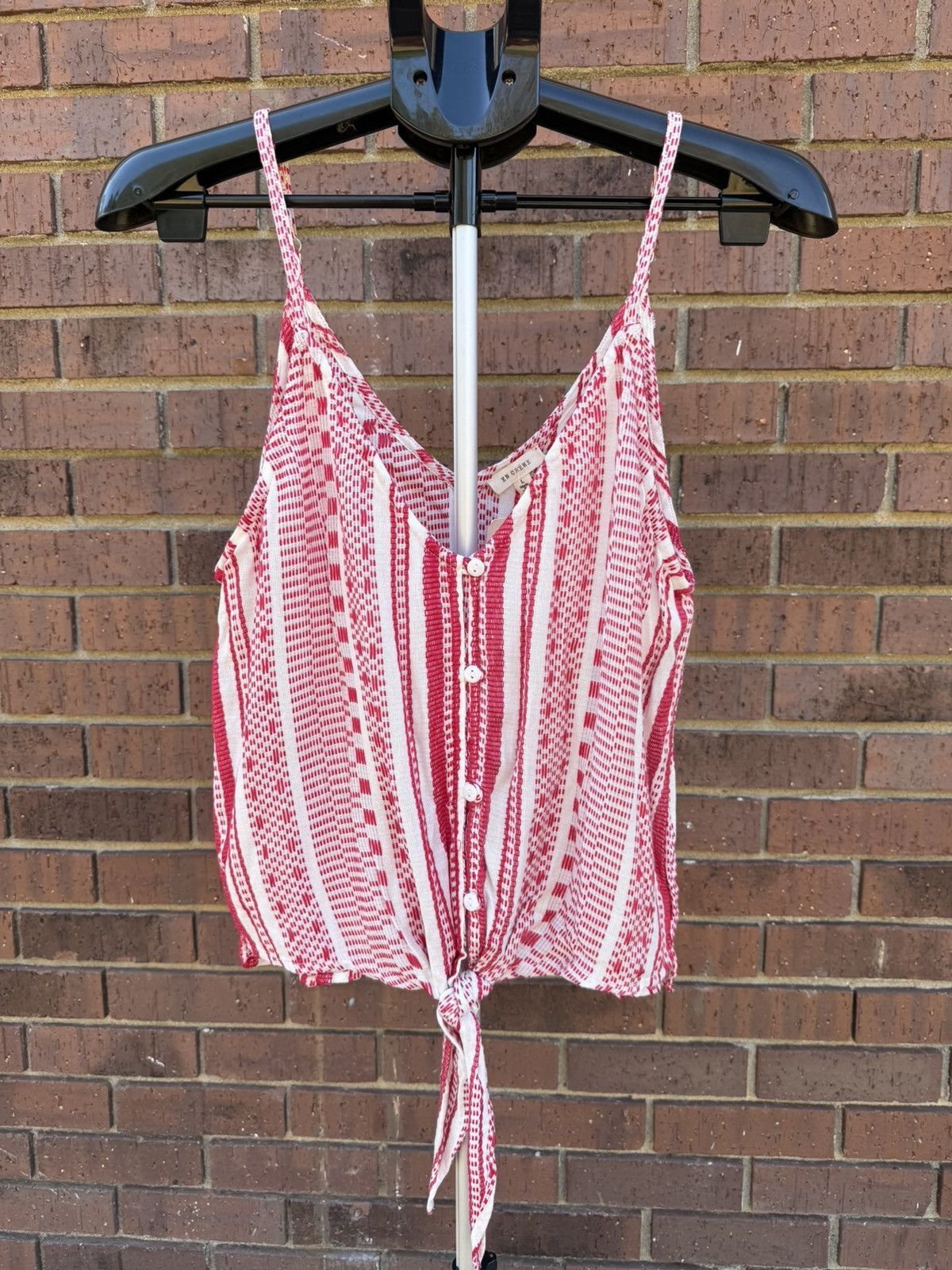 Other En Creme Red White Stripe Button Front Tie Hem Cami Tank Top Size L / US 10 / IT 46 - 2 Thumbnail