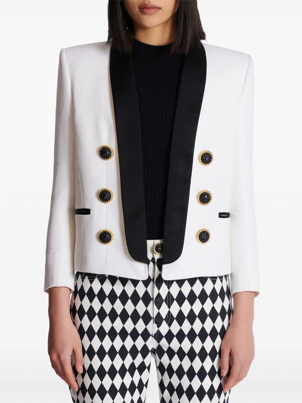 Balmain o1s1wg110825 Satin Lapel Wool Open Jacket in White Size L / US 10 / IT 46 - 2 Thumbnail