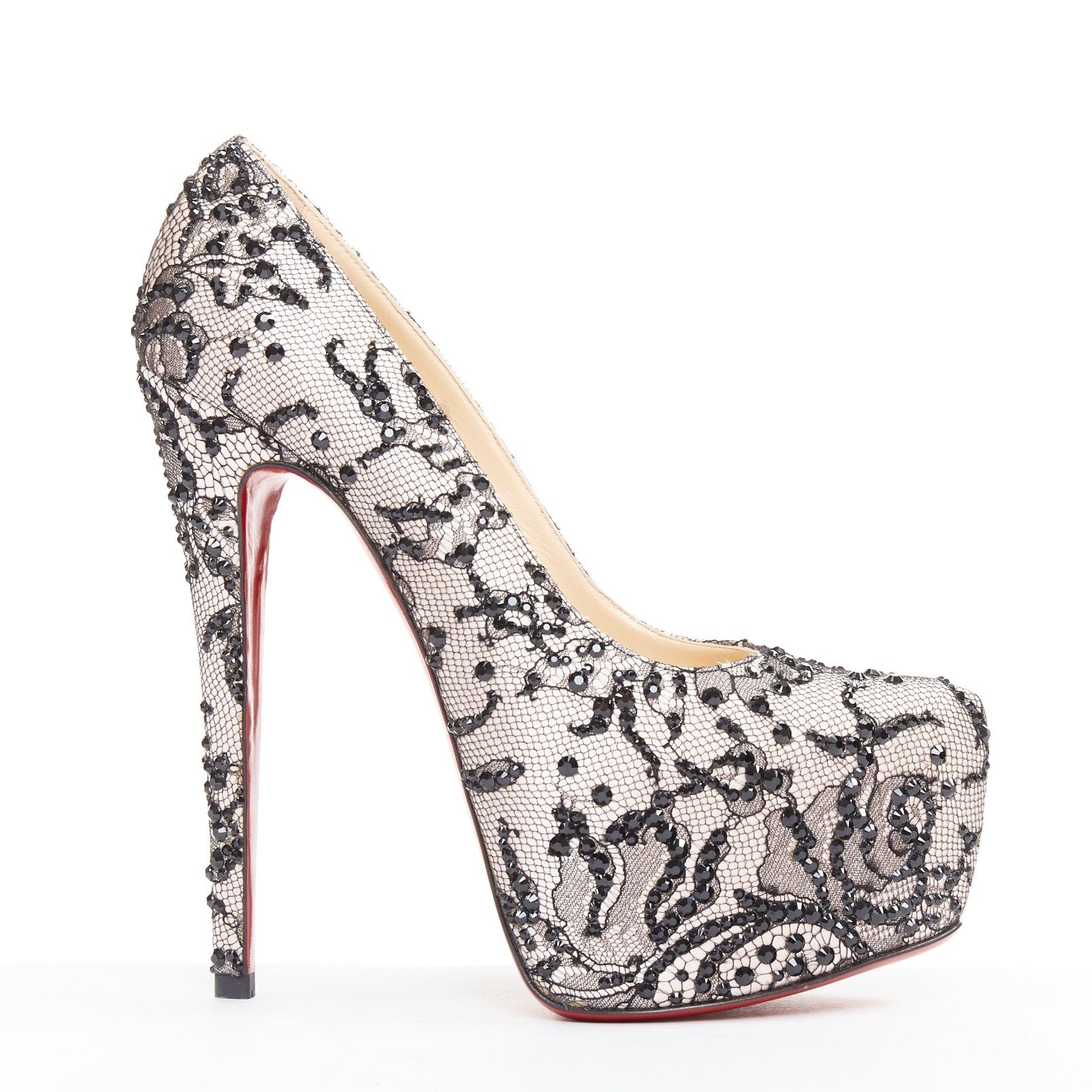 Christian Louboutin CHRISTIAN LOUBOUTIN Stardust 160 Satin Lace pink black strass embellished platform pumps EU37.5 Size US 7.5 / IT 37.5 - 1 Thumbnail
