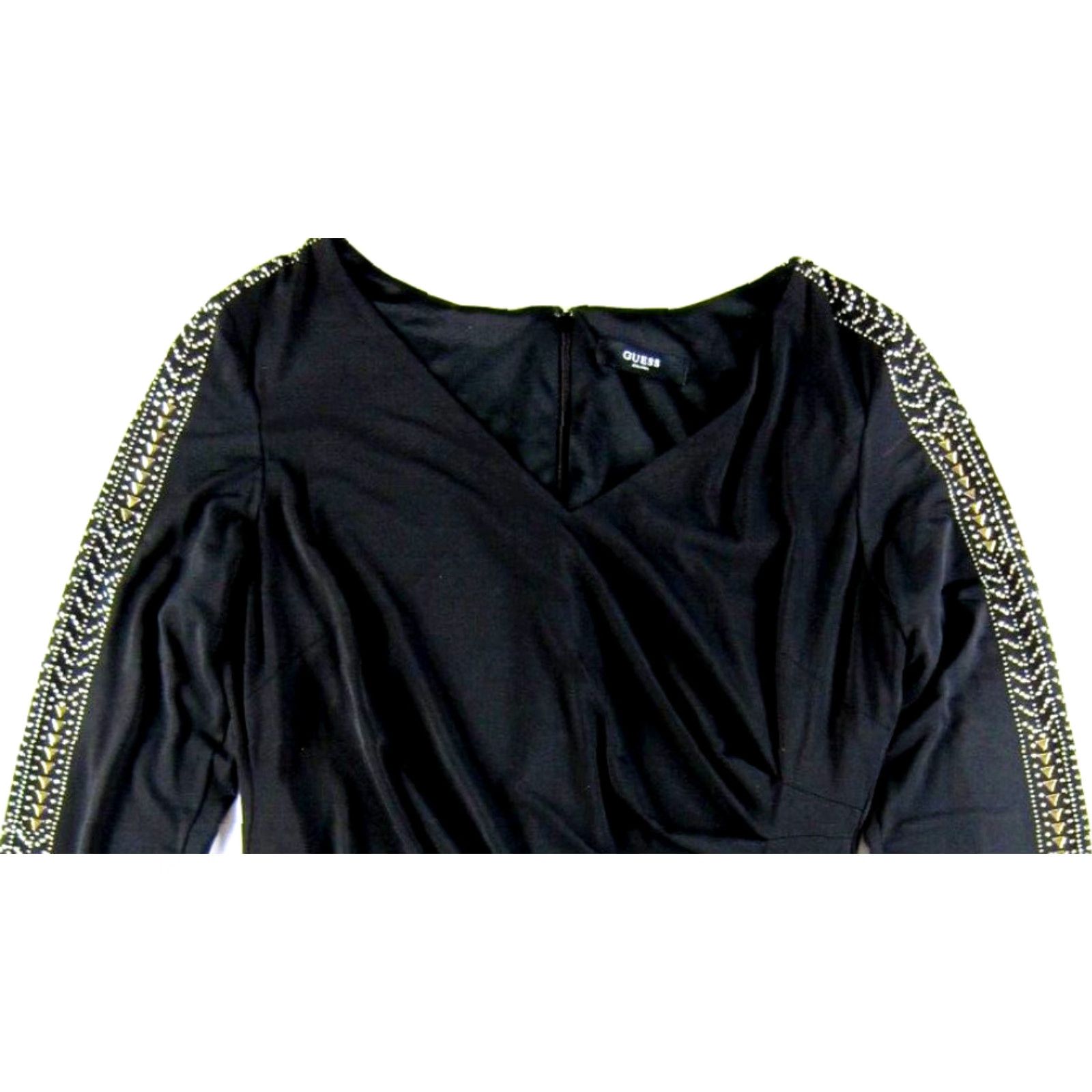 Guess GUESS Black Stretch Ruche Silver Studded Beaded V-Neck Long Sleeve Sheath Dress L Size L / US 10 / IT 46 - 5 Thumbnail
