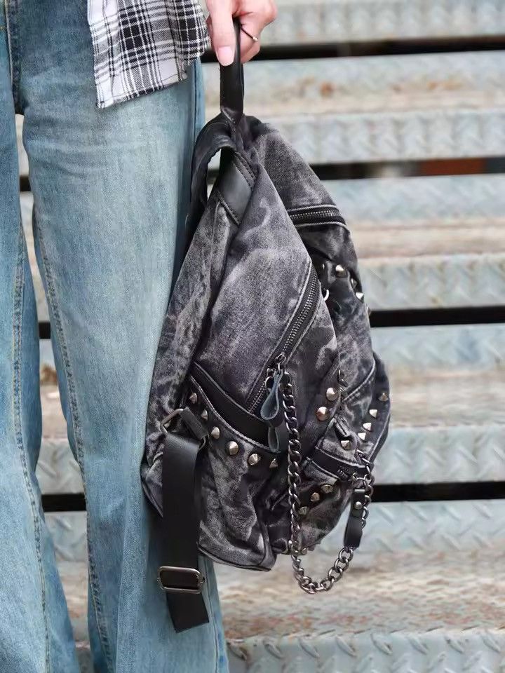 Other Washed Gothic Punk Unisex Denim Capacity Backpack Size ONE SIZE - 4 Thumbnail