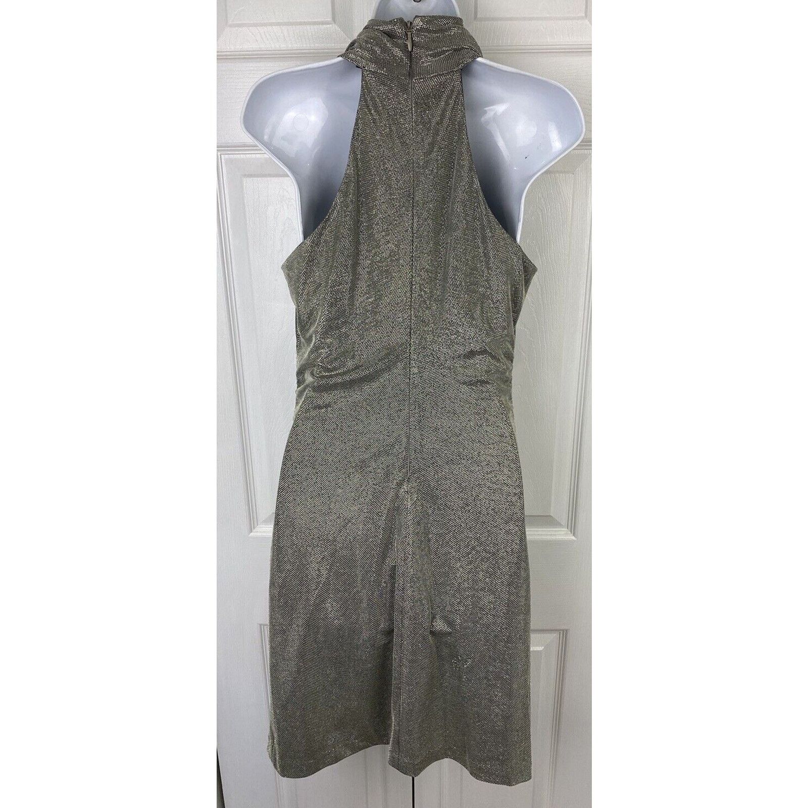 Halston Halston Mock Neck Dress Sleeveless Lined Gold Shimmer Cinch Size M / US 6-8 / IT 42-44 - 6 Thumbnail