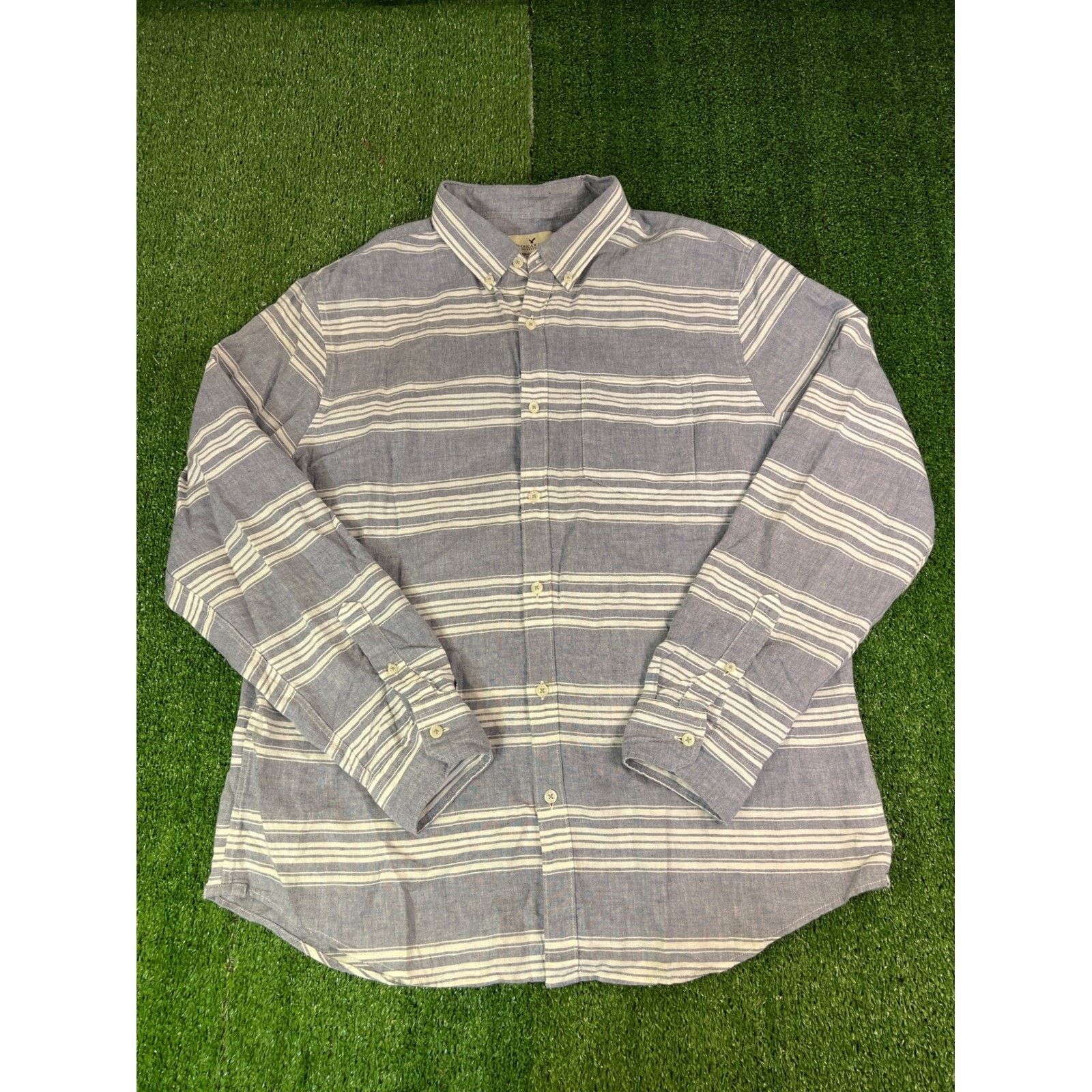 American Eagle Outfitters American Eagle Mens Blue White Striped Linen Longsleeve XL Size US XL / EU 56 / 4 - 1 Thumbnail