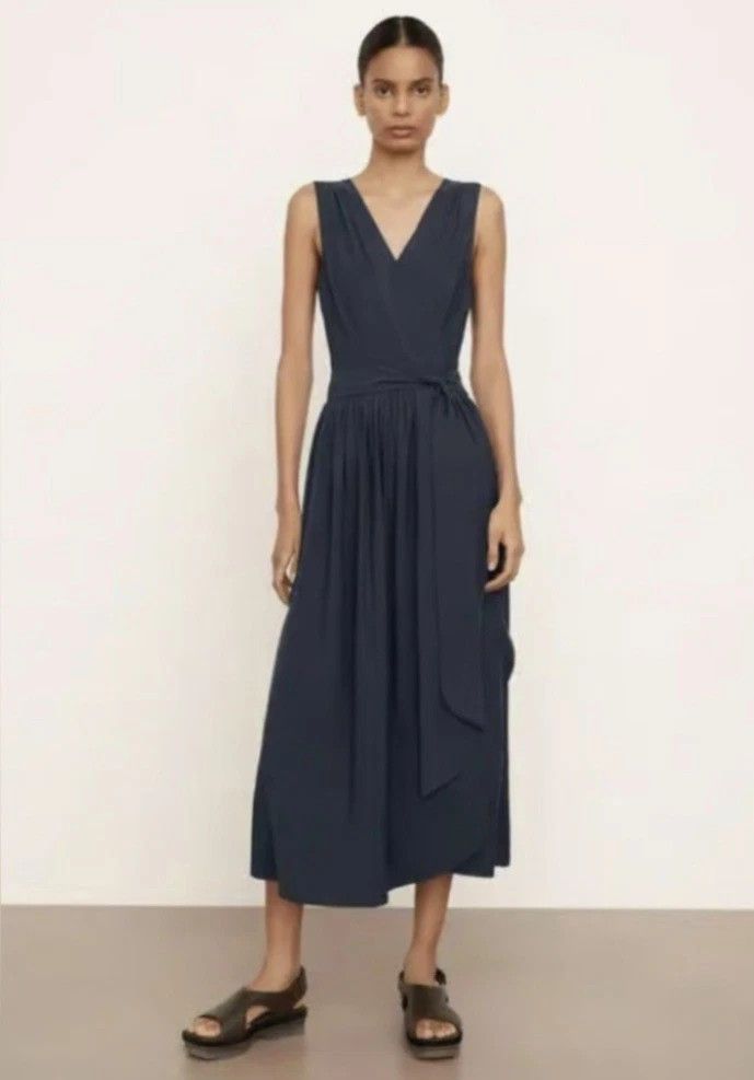 Vince Wrap Dress Navy Blue Slvless Pleated Belted Midi Comfy Gift Size XXS / US 00 / IT 34 - 2 Thumbnail