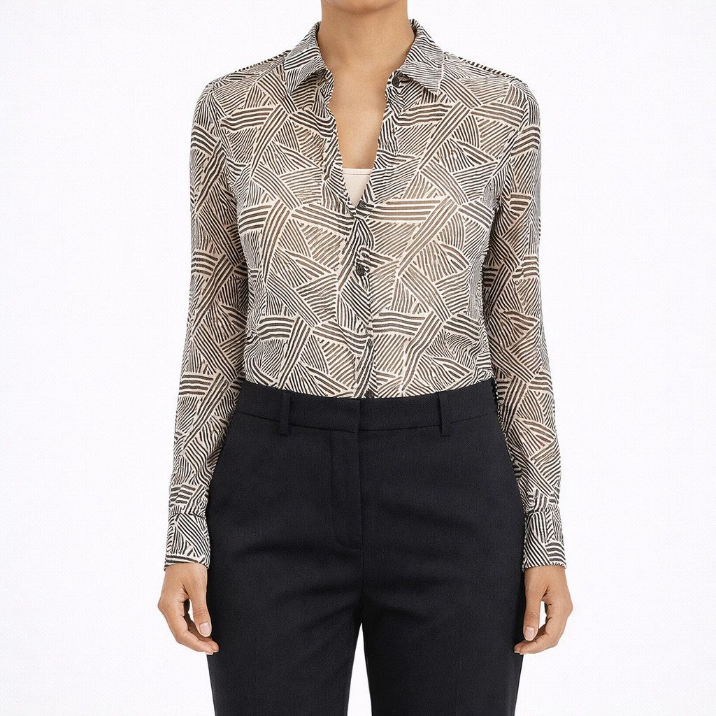Theory Darlia B&W Silk Striped Collared V-Neck Long Slv Blouse Size S / US 4 / IT 40 - 1 Thumbnail