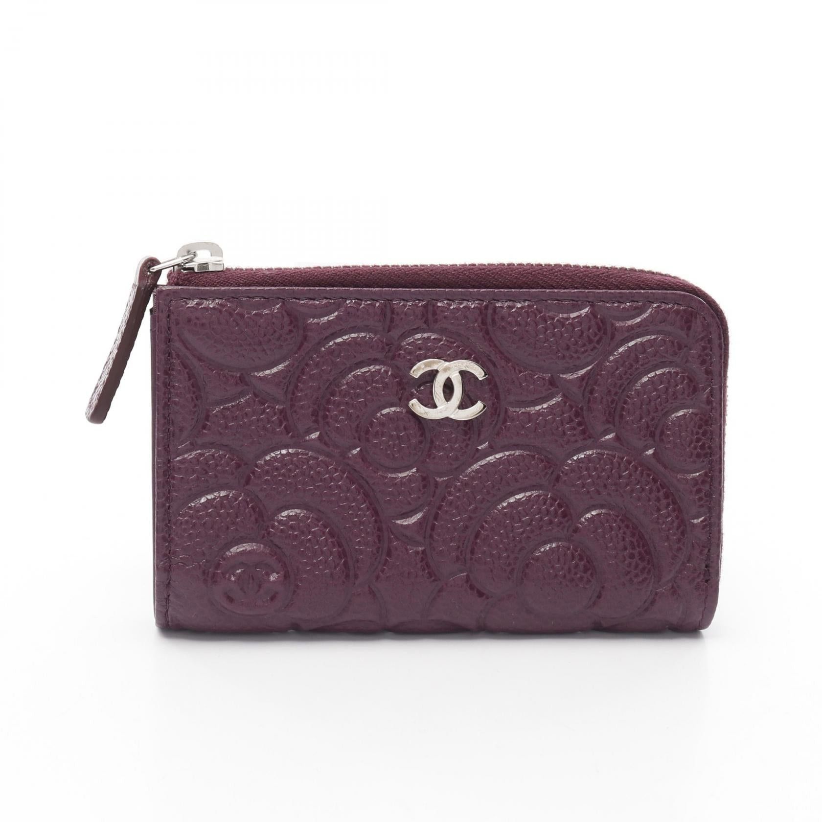 Chanel Camellia Coin Purse Caviar Skin Purple Silver Hardware With Key Ring