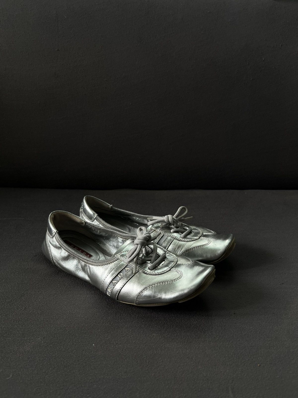 Prada Prada Sport Silver Leather Scrunch Lace Up Ballet Flats Size US 5 / IT 35 - 1 Thumbnail