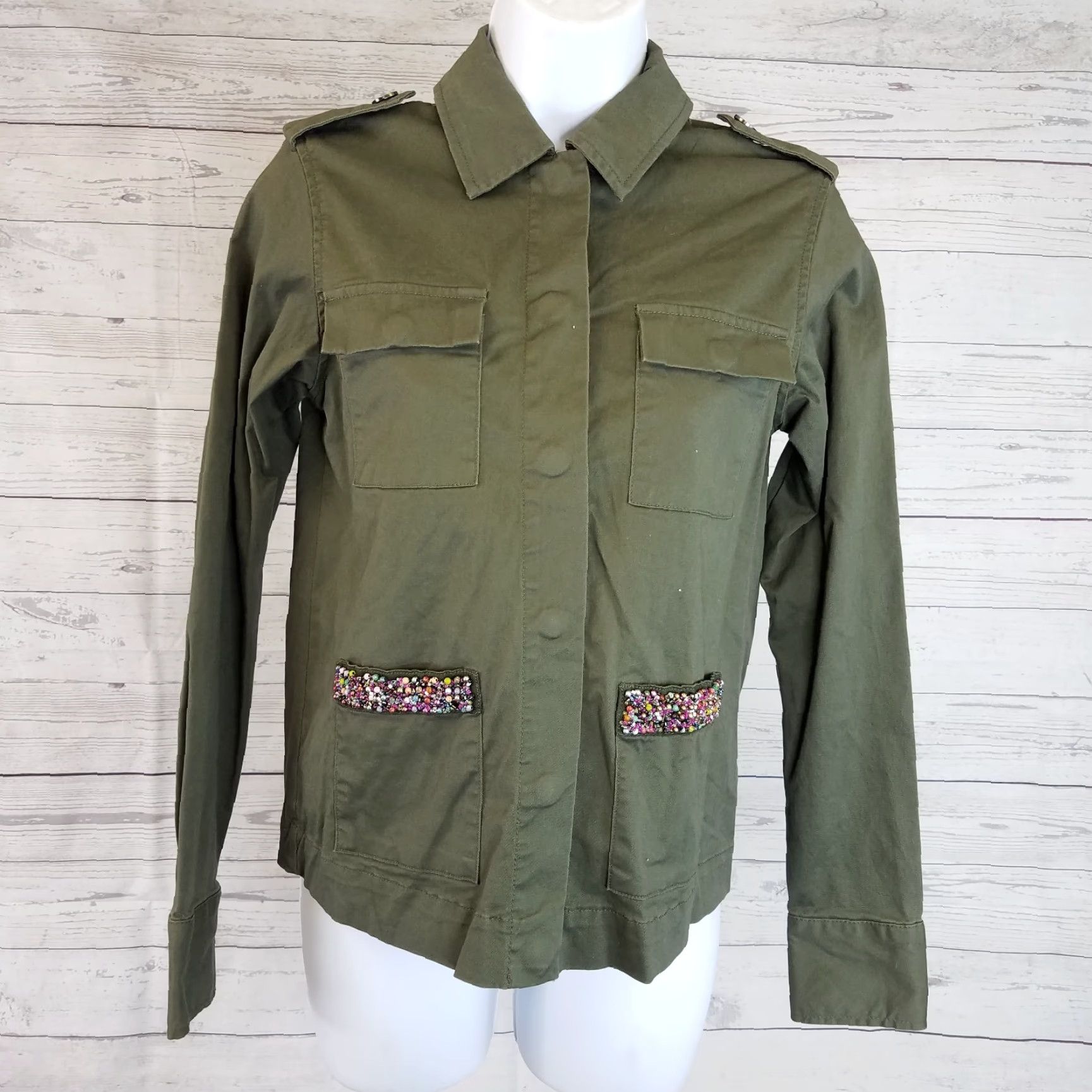 Vintage A New Day Womens Top XS Green Beaded Snap Buttons Long Sleeve Cotton Blend Blouse Velcro? Size XS / US 0-2 / IT 36-38 - 2 Thumbnail
