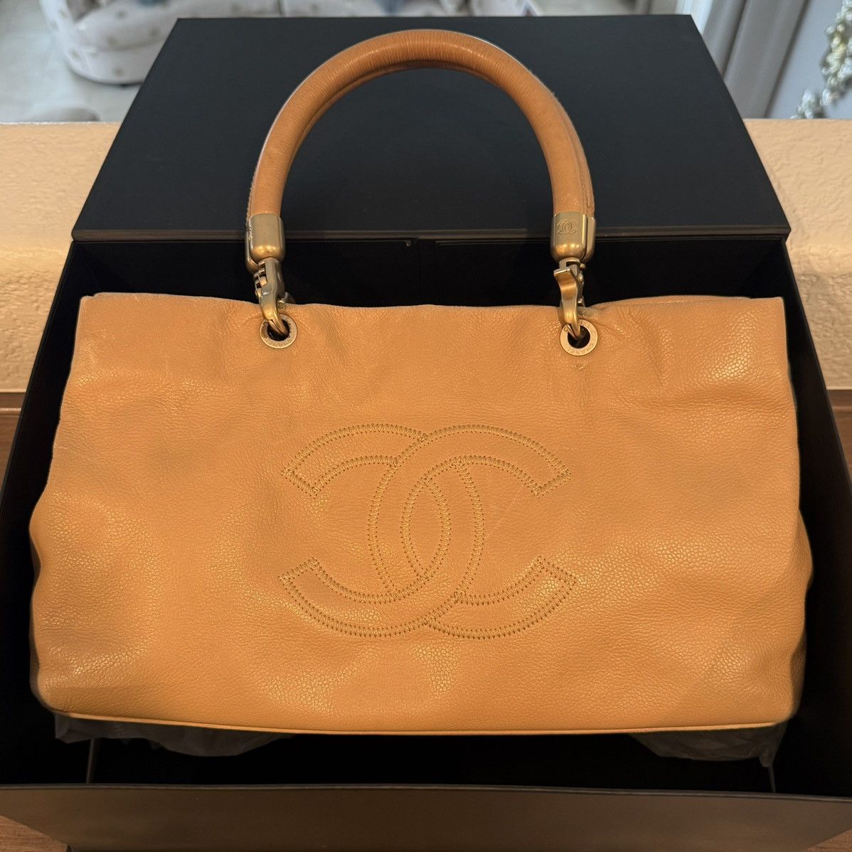 Chanel CHANEL Shopper Tote Bag Beige Grained Calfskin Handbag w/Box Size ONE SIZE - 1 Thumbnail