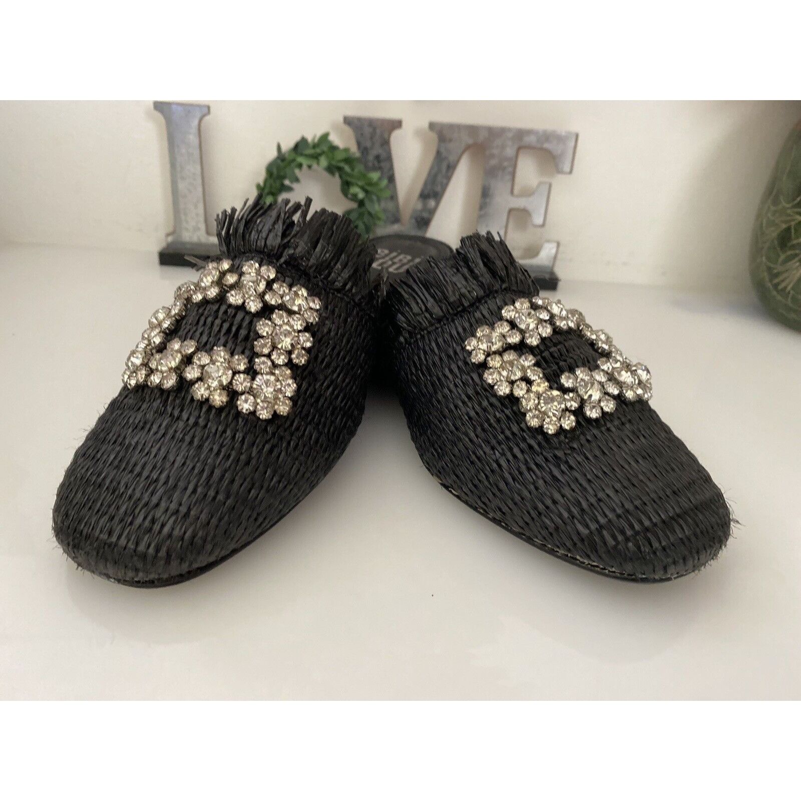 Vintage Bibi Lou Raffia Gem Jeweled Mule Slide Slip On Slipper Shoes Size US 6 / IT 36 - 24 Thumbnail