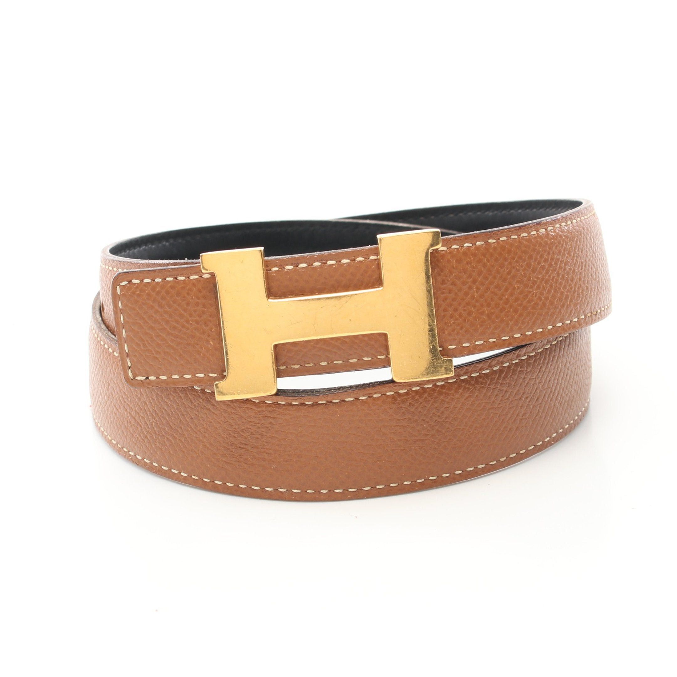 image of Hermes Mini Constance H-Belt Noir Gold Belt Box Calf Courchevel Black Light Brown Gold Hardware Rev