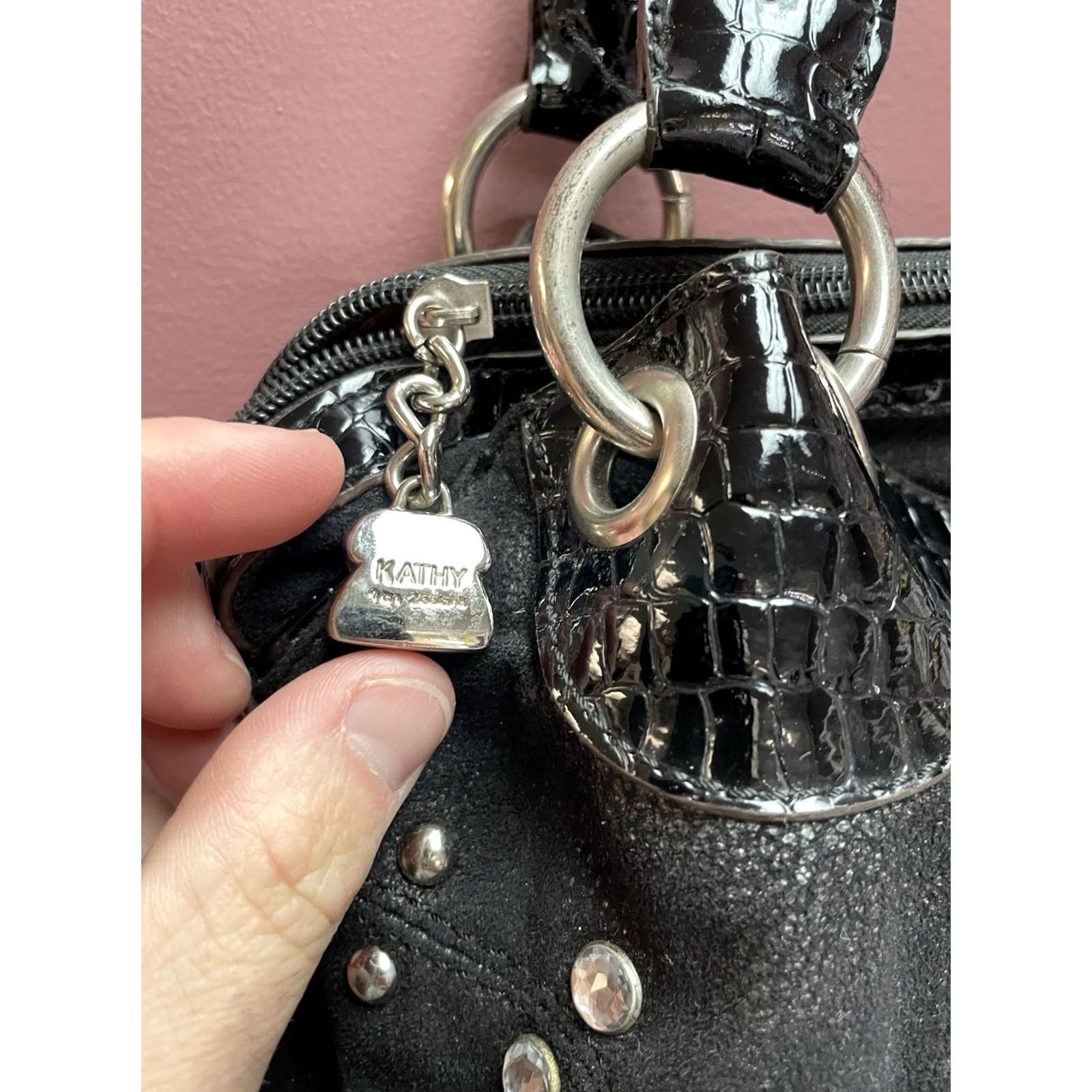 Crocs VINTAGE Kathy Van Zeeland Y2K McBling Studded Purse Bag Black Croc Faux Leather Glam Shoulder Bag Womens Size ONE SIZE - 2 Thumbnail