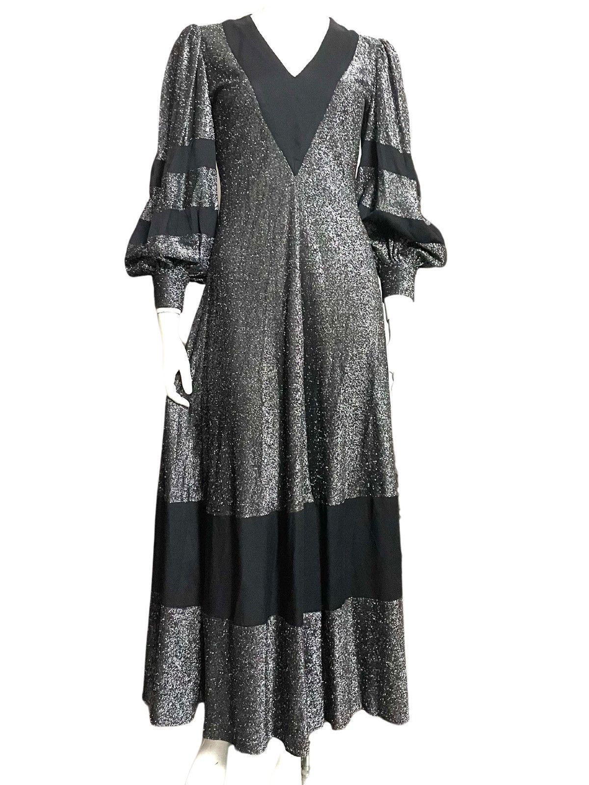 image of Silver Black Metallic Vintage 1970S Maxi Dress Kadix, Women's (Size Small)