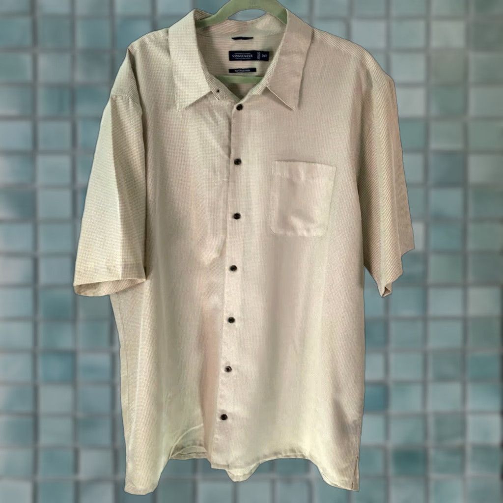 Vintage Consensus Mens Button-Up Shirt 2XT Beige Short Sleeve Microfiber Plaid Black 52in Chest Classic Casual Shirt Mens 2XT Beige Microfiber Button-Up Size US 39 - 1 Thumbnail