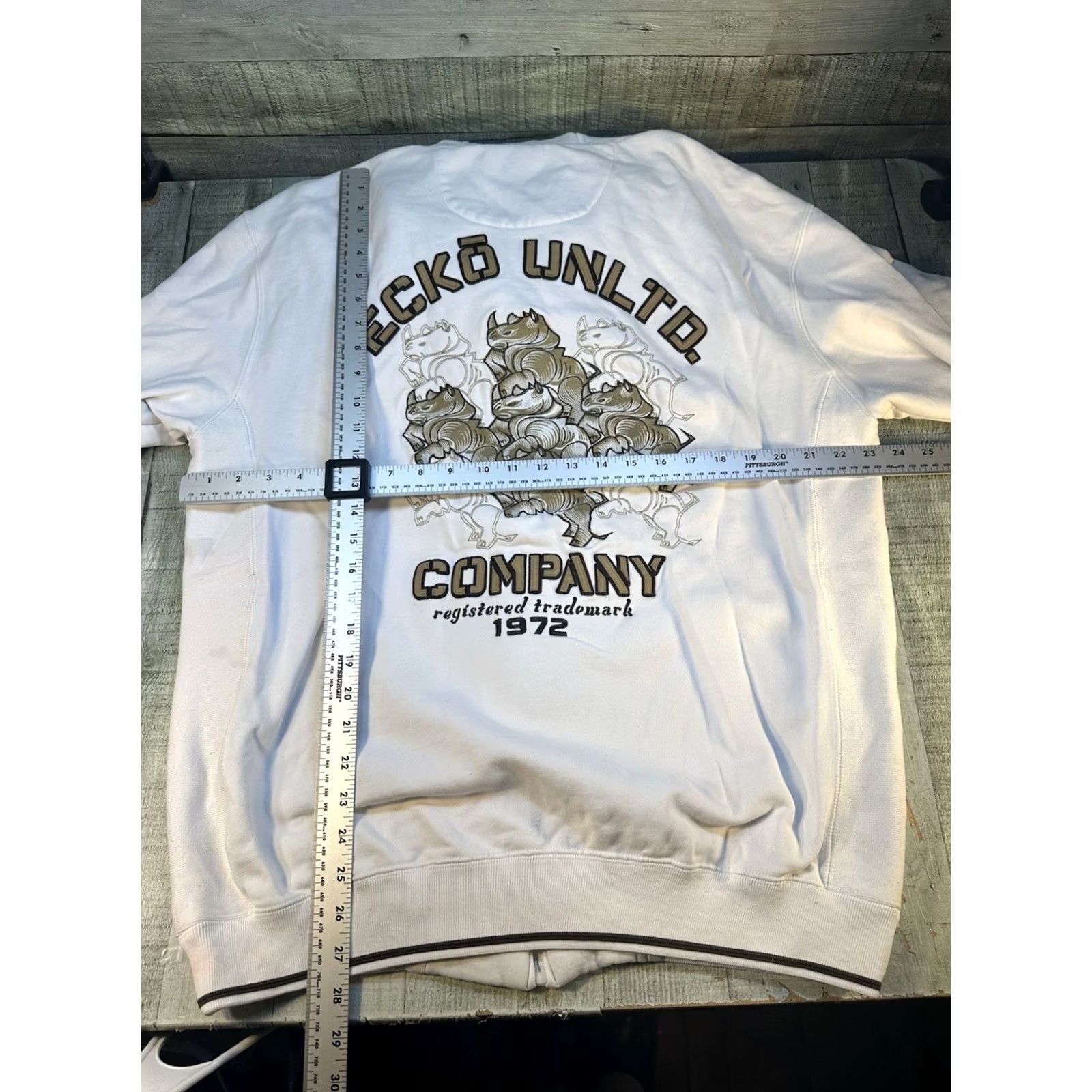 Vintage Y2K Ecko Unltd Hoodie Art of Progress 1972 Rhino L Ivory Mens Zip Pullover Vintage Size US L / EU 52-54 / 3 - 6 Thumbnail