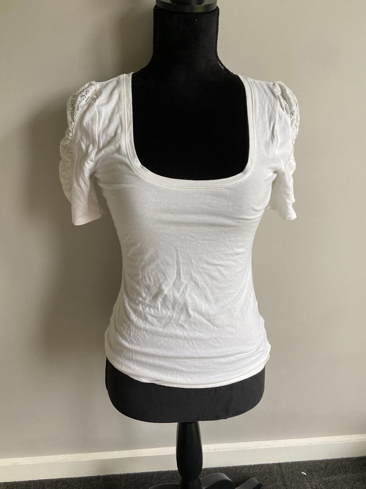 Massimo Dutti Dotti Top Half Sleeve White w Lace T-Shirt - Size X S(001) Size XS / US 0-2 / IT 36-38 - 1 Thumbnail