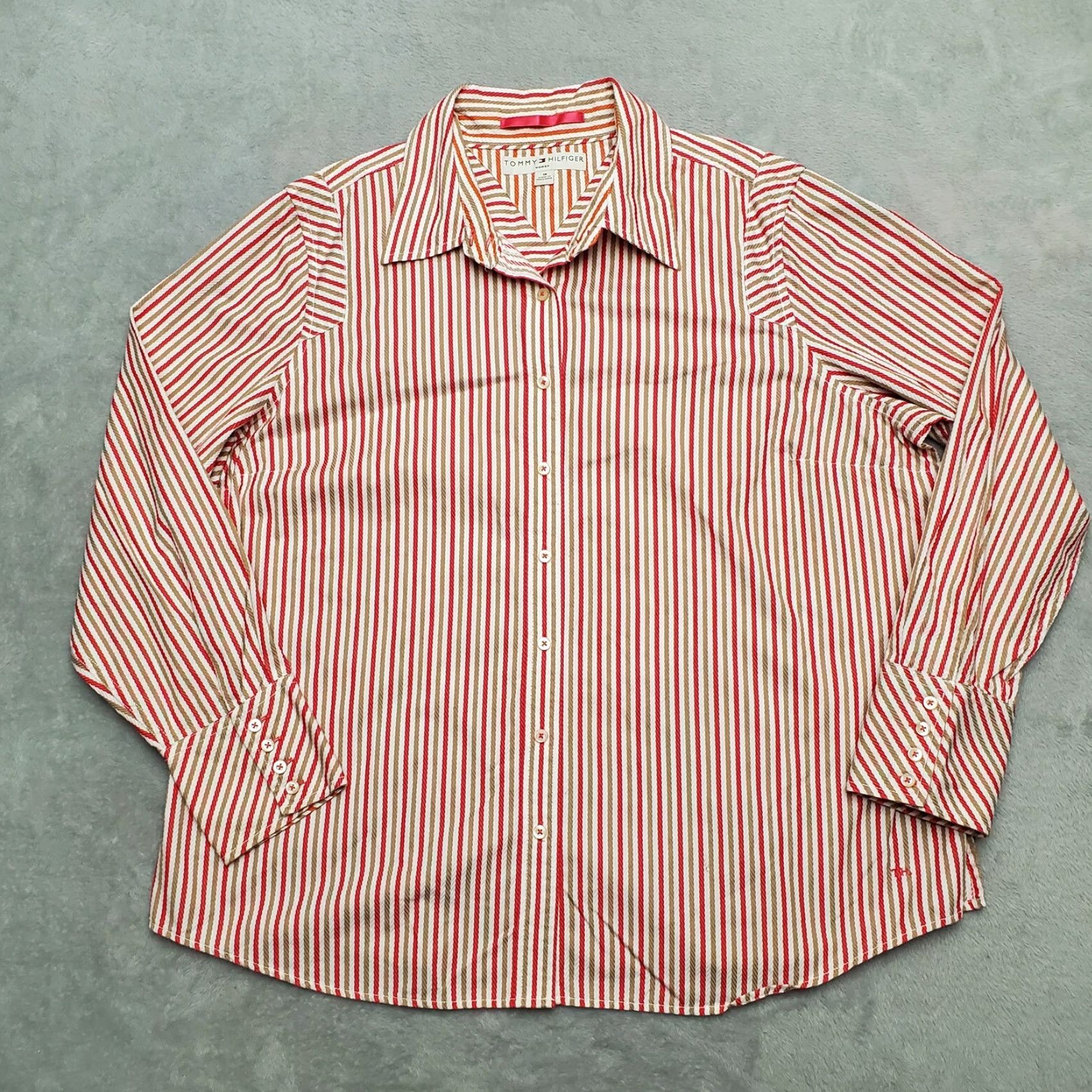 Tommy Hilfiger VINTAGE Tommy Hilfiger Shirt Womens 18 Red Striped Long Sleeve Button Top Size XXL / US 16-18 / IT 52-54 - 2 Thumbnail