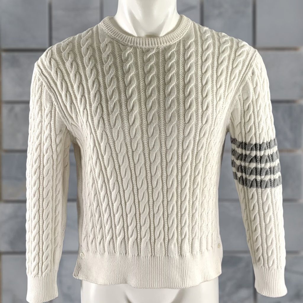 Thom Browne THOM BROWNE Sweater Size M White Grey Cotton Cable Knit Men Size US M / EU 48-50 / 2 - 1 Thumbnail