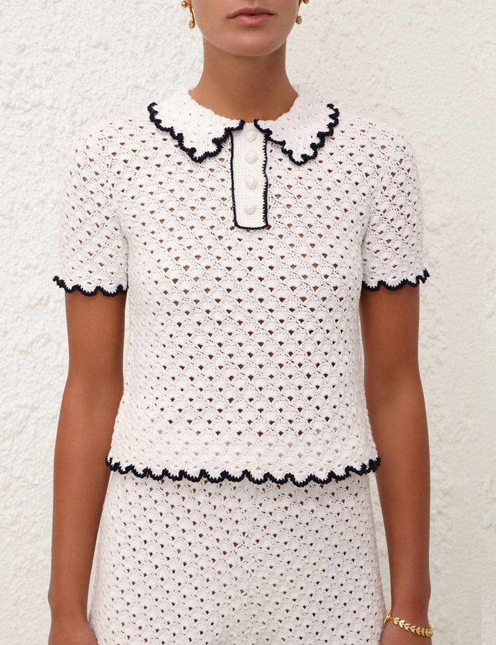 Zimmermann oc11z0525 Halliday Scallop Polo Shirt in Black & Ivory Size L / US 10 / IT 46 - 5 Thumbnail