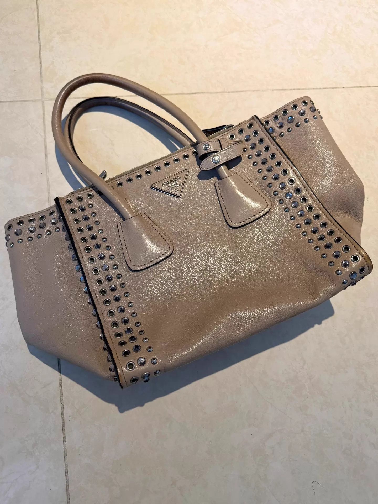 Prada PRADA Pyramid Leather Studded Tote Bag Champagne Size ONE SIZE - 1 Thumbnail