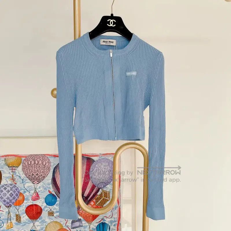 Miu Miu Miu Miu Blue Ribbed Long Sleeve Sweater . Size L / US 10 / IT 46 - 1 Thumbnail