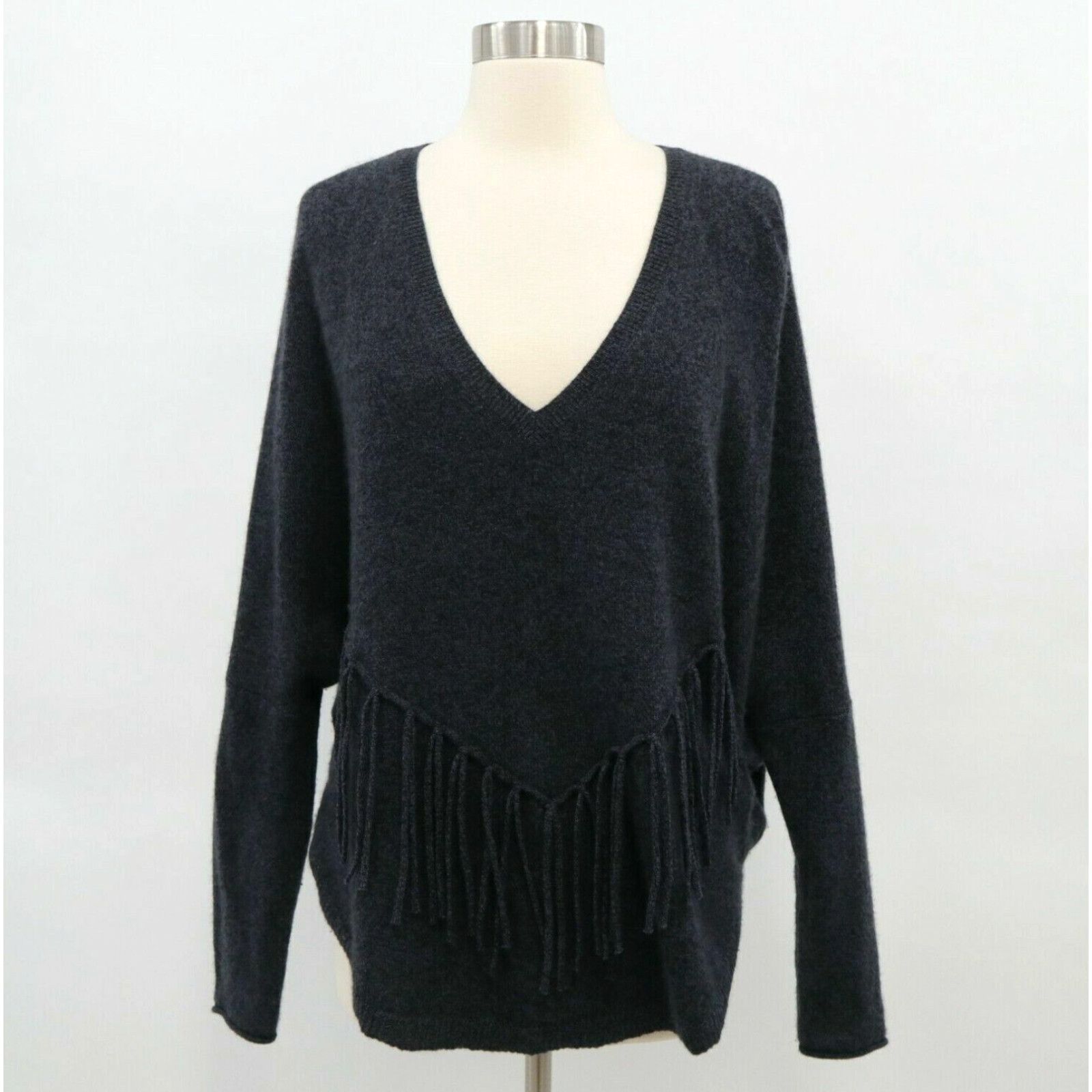 image of Velvet 100% Cashmere Sweater Pullover S Small Fringe Oversized Gray Blue V-Neck in White, Women's