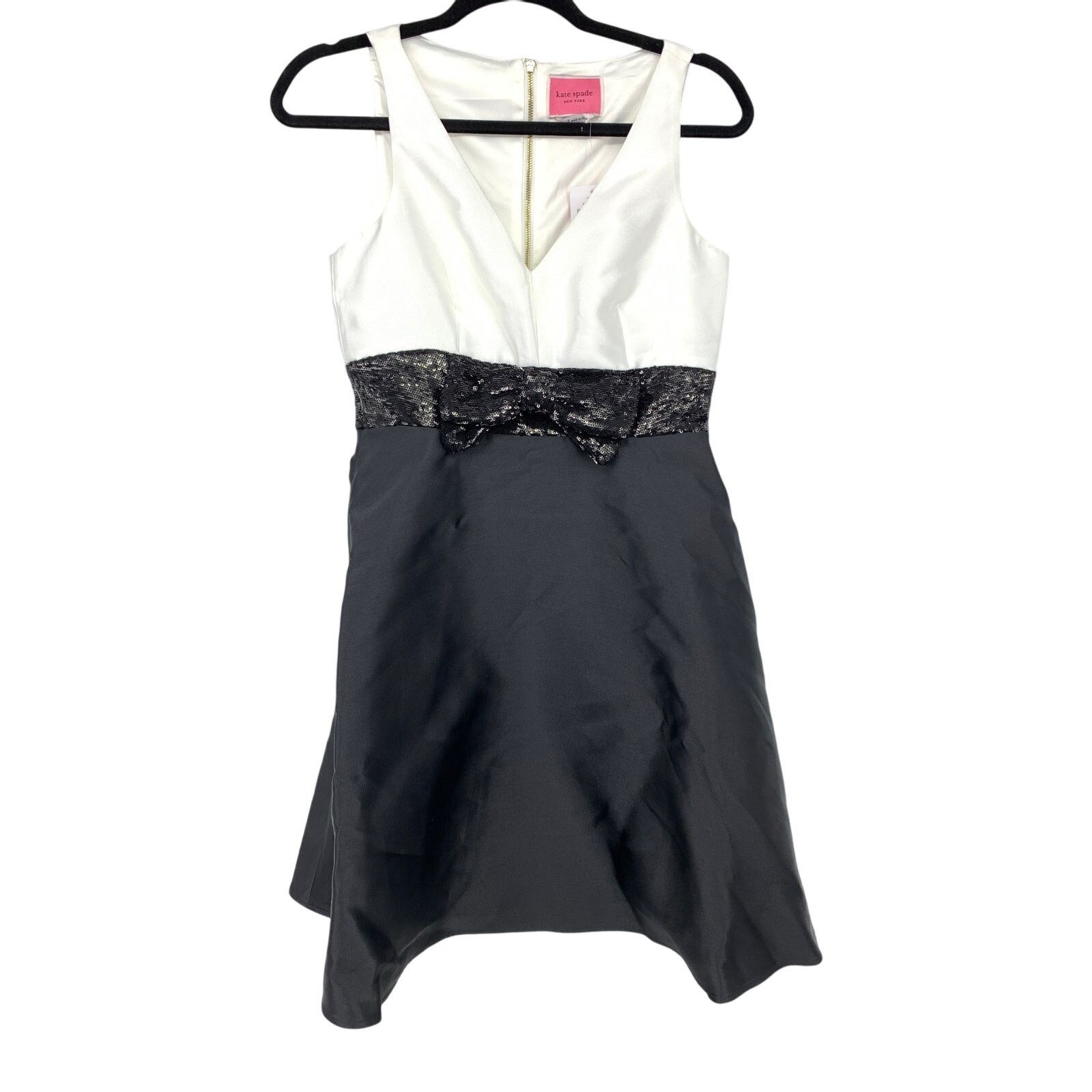 Kate Spade Sequin Bow Fit & Flare Dress 2 Black White NEW