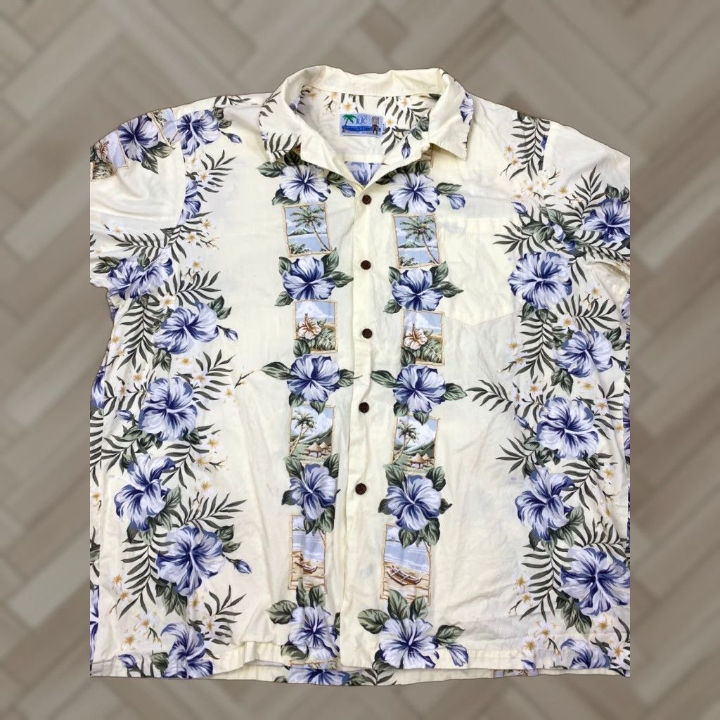 Vintage VTG Hawaiian Shirt Beige Floral Hibiscus Made in USA Button Up Aloha 2XL Men's Short Sleeve Cotton Size US XXL / EU 58 / 5 - 1 Thumbnail