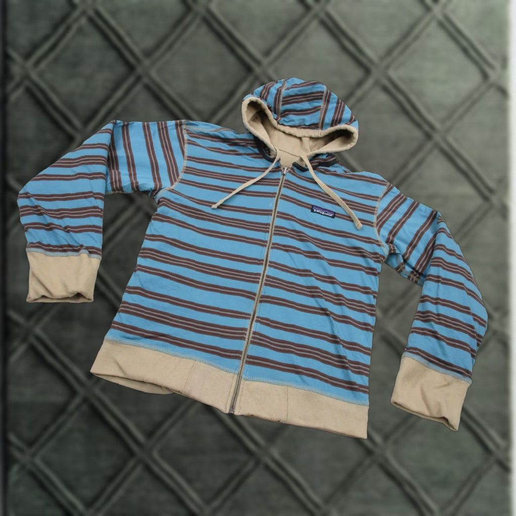 Patagonia Hoodie Mens XS Brown Blue Reversible Hooded Zip Pockets Logo Outdoor Fall Winter