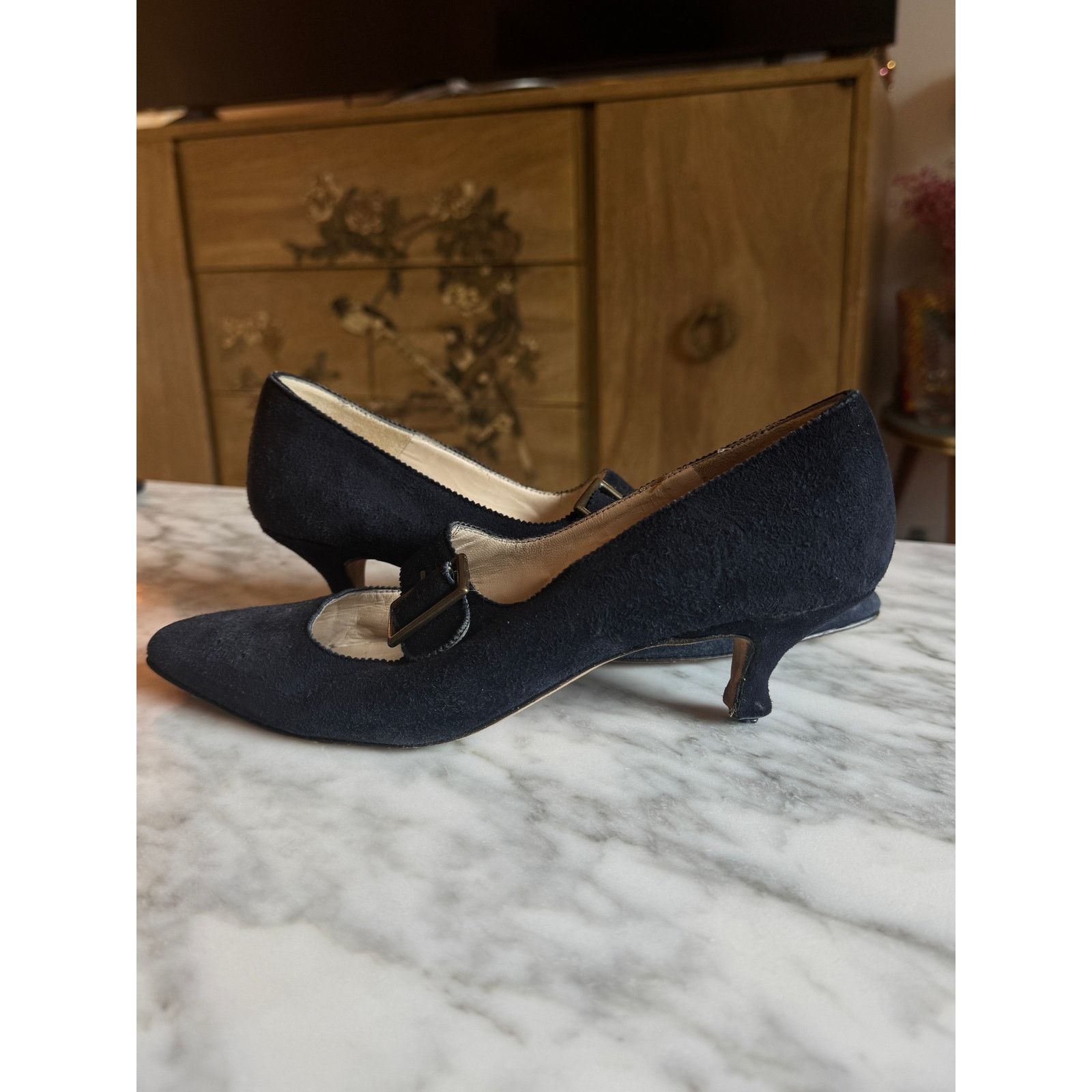 Manolo Blahnik Manolo Blanik Navy Blue Suede Heels with Buckle detail Size US 6 / IT 36 - 3 Thumbnail