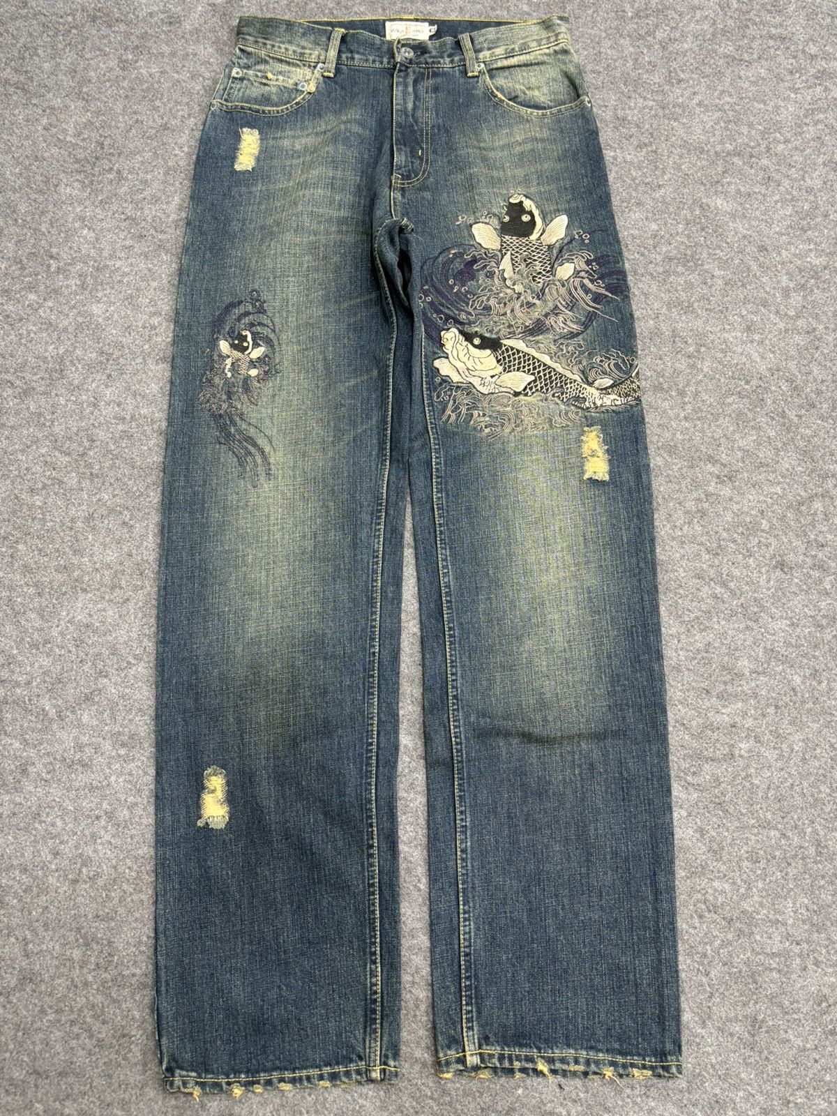 Japanese Brand 💥KARAKURI TAMASHI Koi Fish Embroided Distressed Denim F551 Size US 31 - 22 Thumbnail