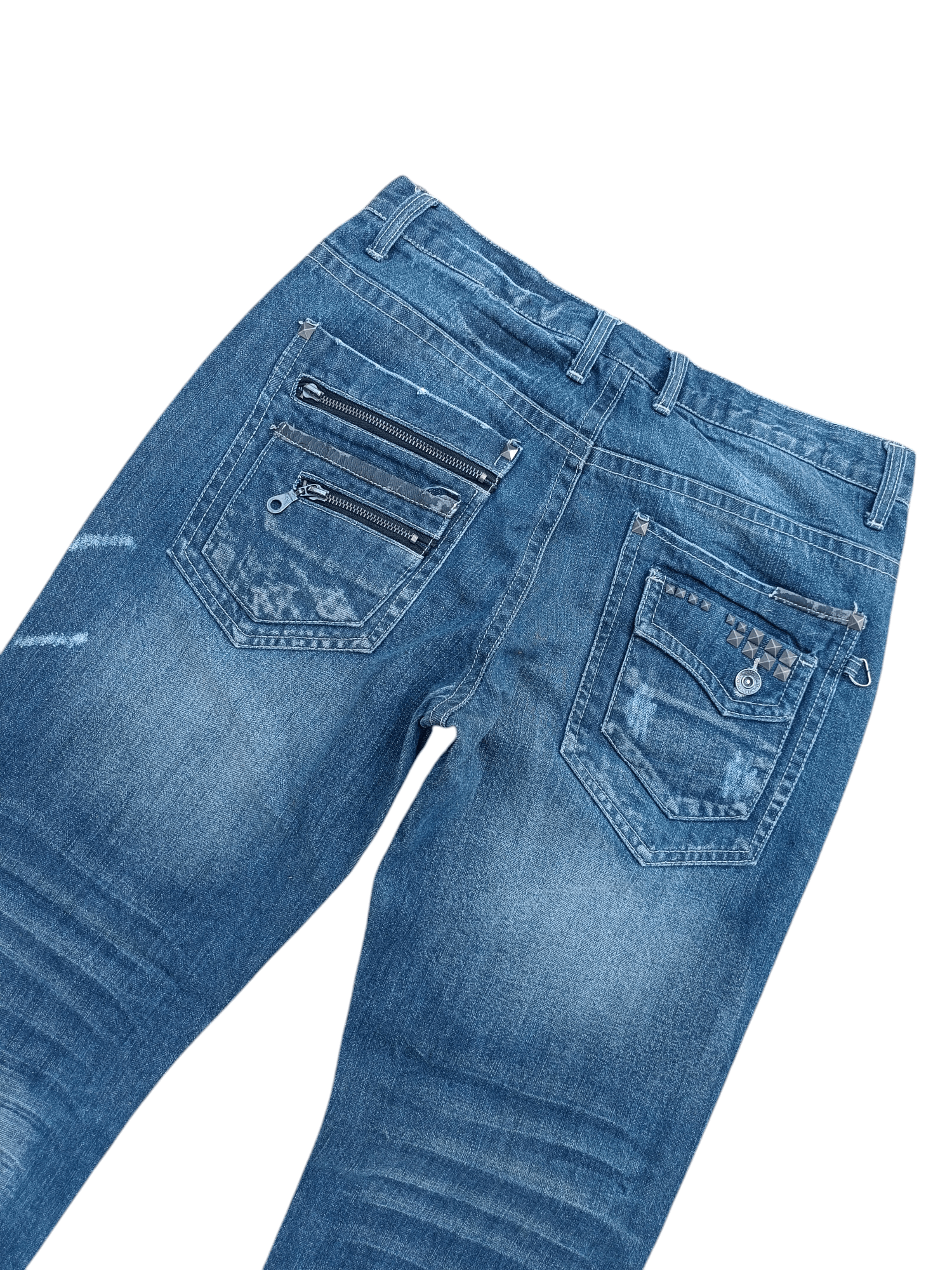 Japanese Brand NYLAUS JEANS DISTRESSED WHISKERS FADED STUD DENIM Size US 31 - 20 Thumbnail