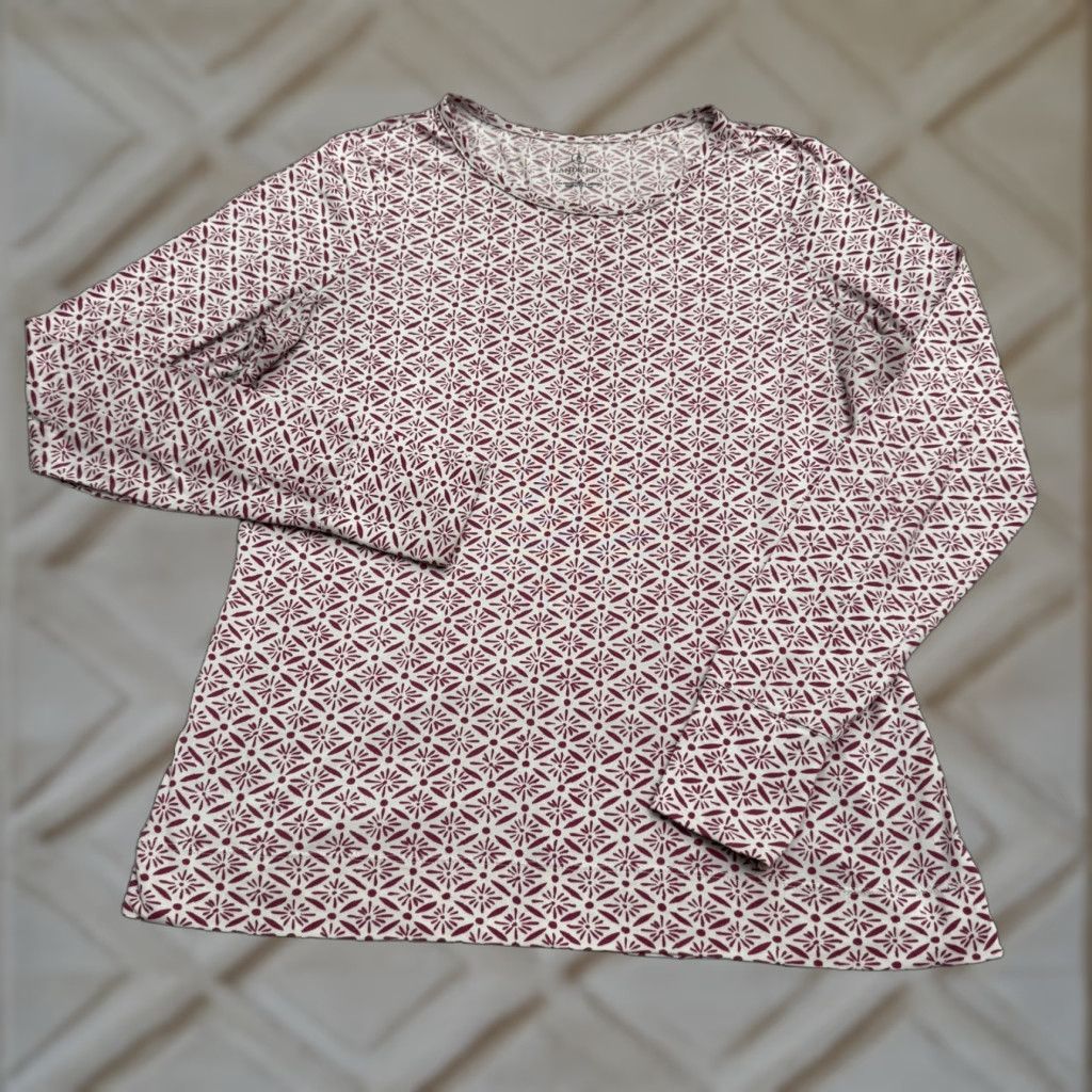Lands' End Lands' End Basic T-Shirt Womens Small Bugundy White Geometric Crew Neck Tee | Red | Long Sleeve Casual Knit Polyester Spandex Size S / US 4 / IT 40 - 1 Thumbnail