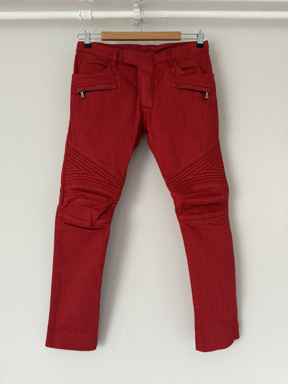 Balmain Red Biker Jeans in Stretch Cotton Twill | Grailed