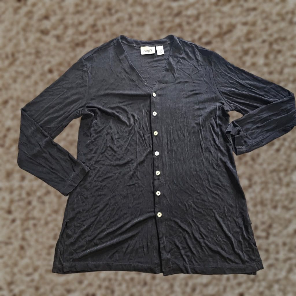 Vintage Chicos Cardigan Sweater Womens Large Black Button Stretchy Travel Career L Knit Classic Shirt (Chico's) Size L / US 10 / IT 46 - 1 Thumbnail