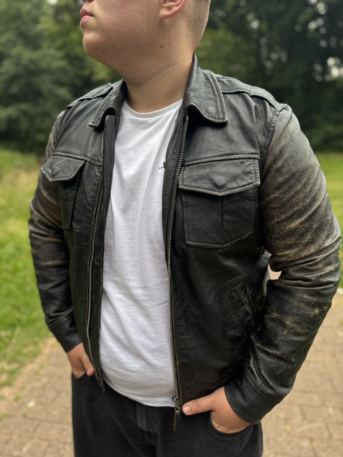 Armani Exchange Armani Jeans Black Leather Jacket – Distressed Look Size US L / EU 52-54 / 3 - 3 Thumbnail