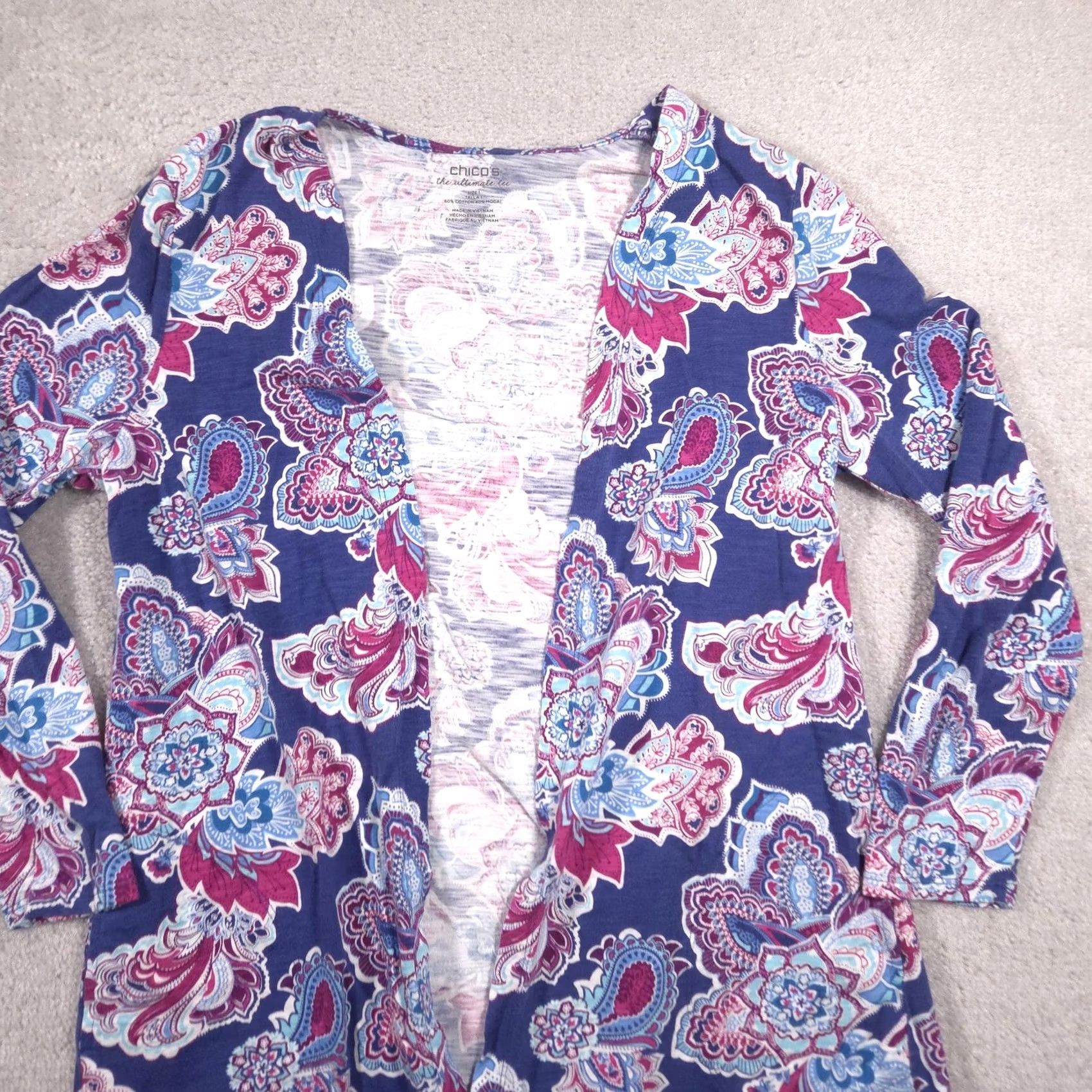 Vintage Chico's Shirt Womens 1 Blue Paisley Open Front Long Sleeve Tunic Top Stretch Shirt Mens? Size XS / US 0-2 / IT 36-38 - 4 Thumbnail