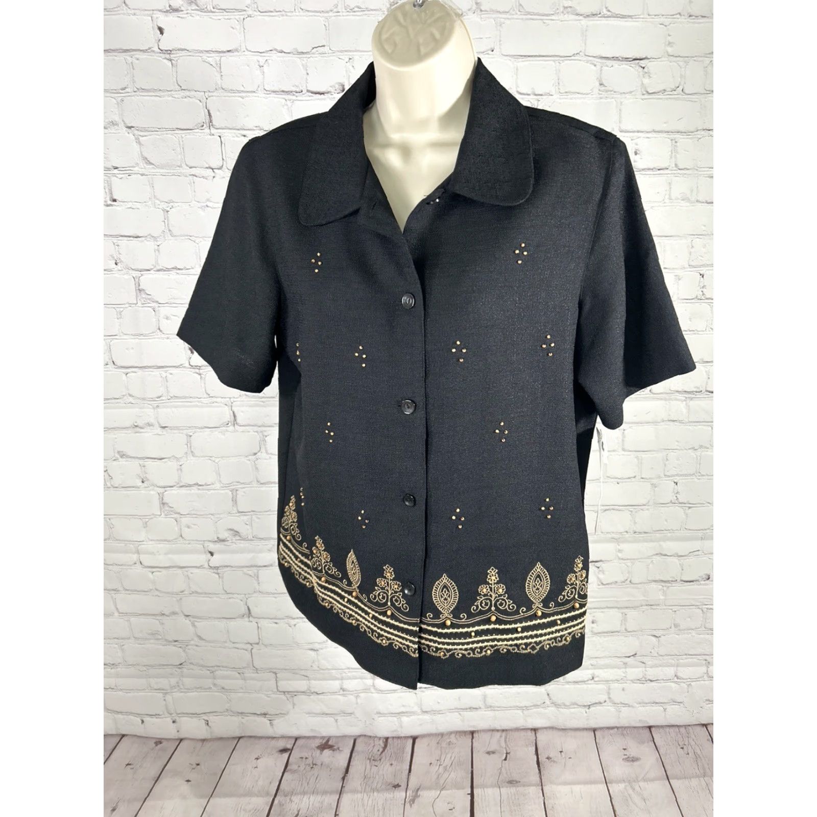 Vintage NWT Alfred Dunner Black Beaded Embroidered Shoulder Padded Shirt Women’s 8 Size M / US 6-8 / IT 42-44 - 3 Thumbnail