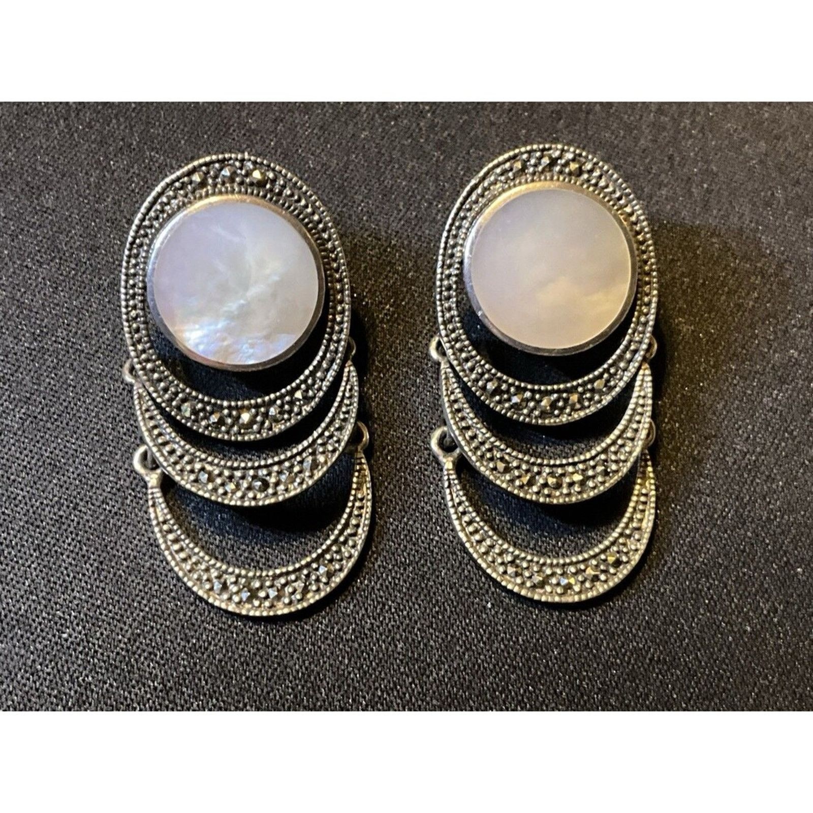Other 925 Sterling MOP Marcasite Post Earrings Articulating Dangel Size ONE SIZE - 1 Thumbnail