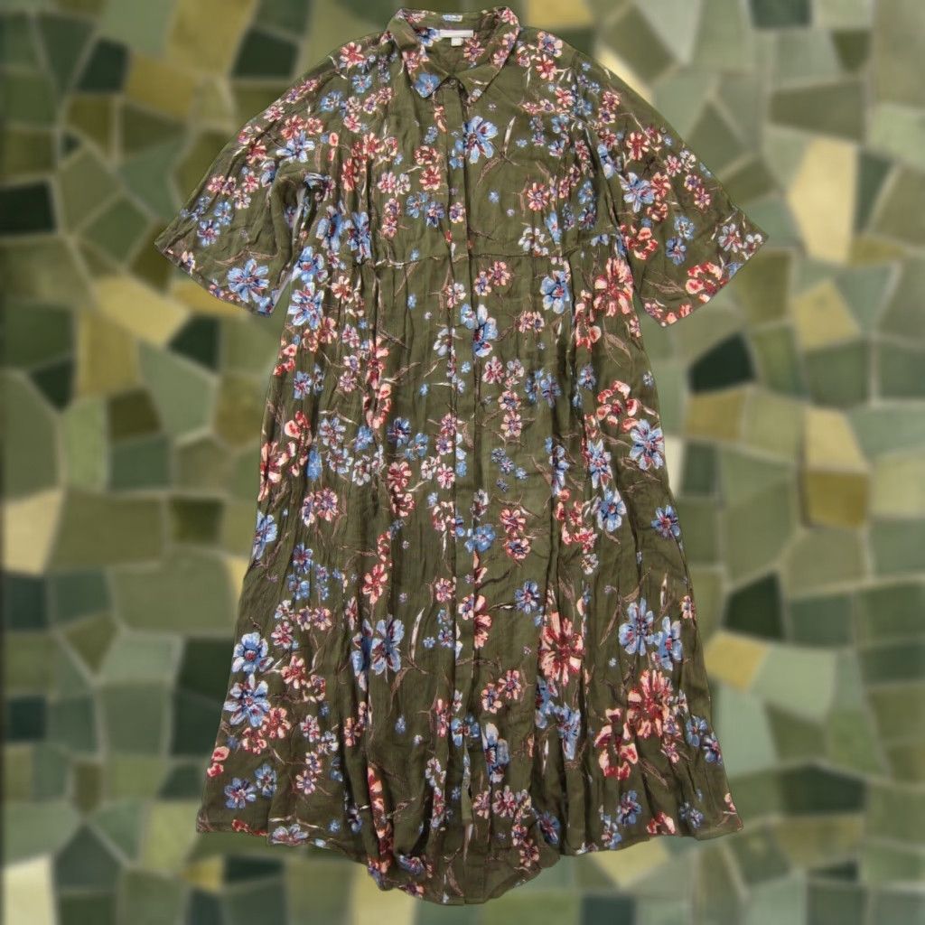 Vintage Woman Within Dress Maxi Floral Button Down 26W Green Pink Blue Pockets Short Sleeve Rayon Long 72" Hip 54.5" Shoulder to Hem Womens Size 4XL / US 24-26 - 1 Thumbnail
